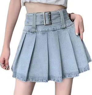Denim Skirt Y2K High Waisted Pleated Vintage Casual Jean Mini Skirt with Shorts Underneath Women's Skirt