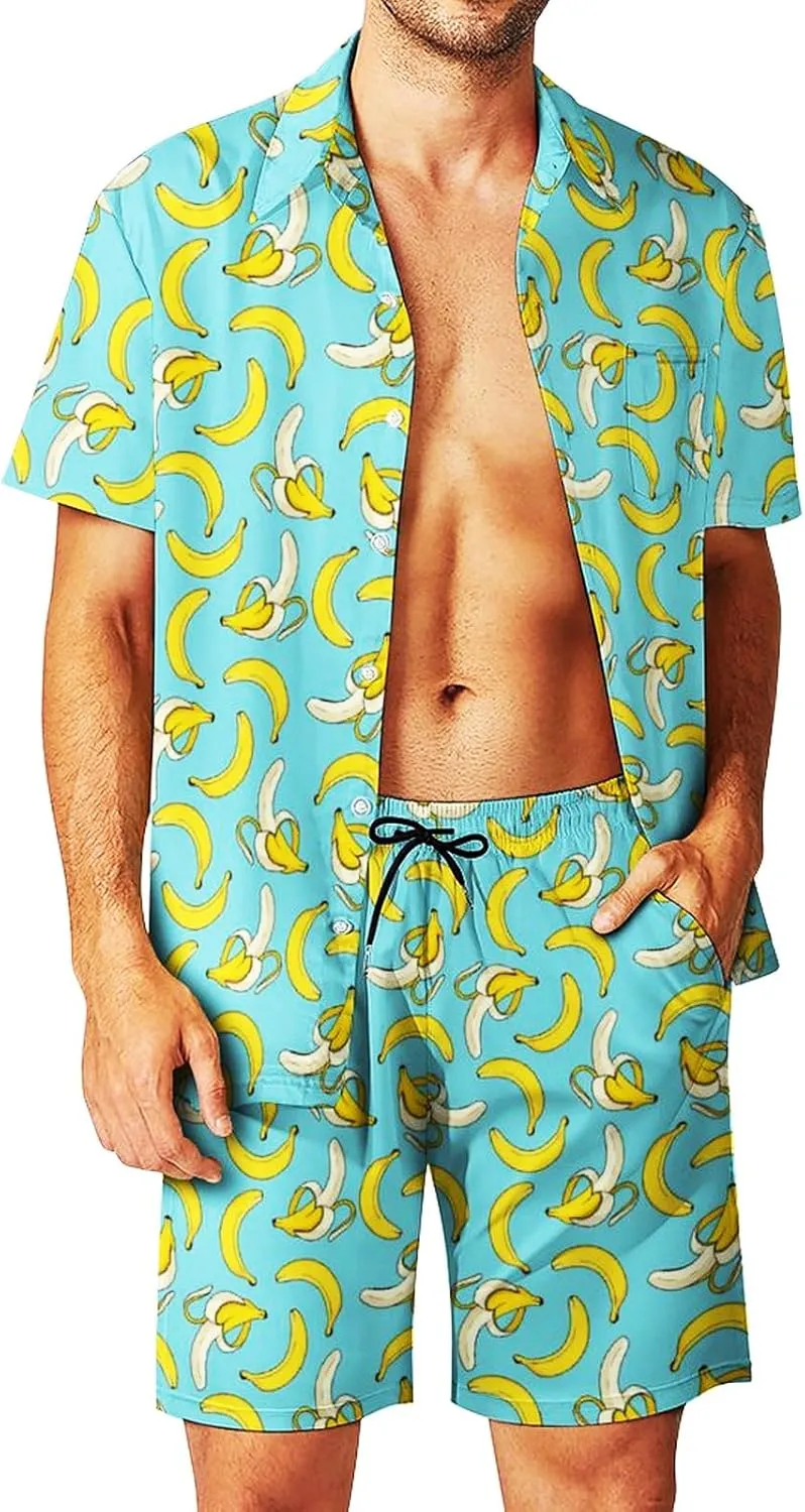 DOOPCCOR Men's 3 Piece Tracksuit Cuban Collared funny Hawaiian Shirt Shorts Button Down Sets With Bucket Hats
