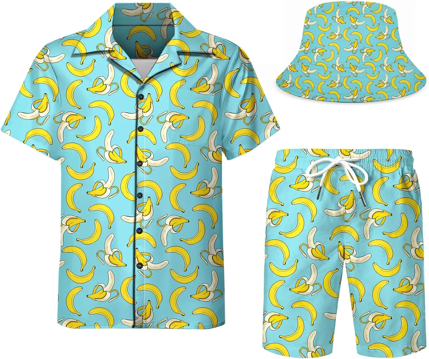 DOOPCCOR Men's 3 Piece Tracksuit Cuban Collared funny Hawaiian Shirt Shorts Button Down Sets With Bucket Hats