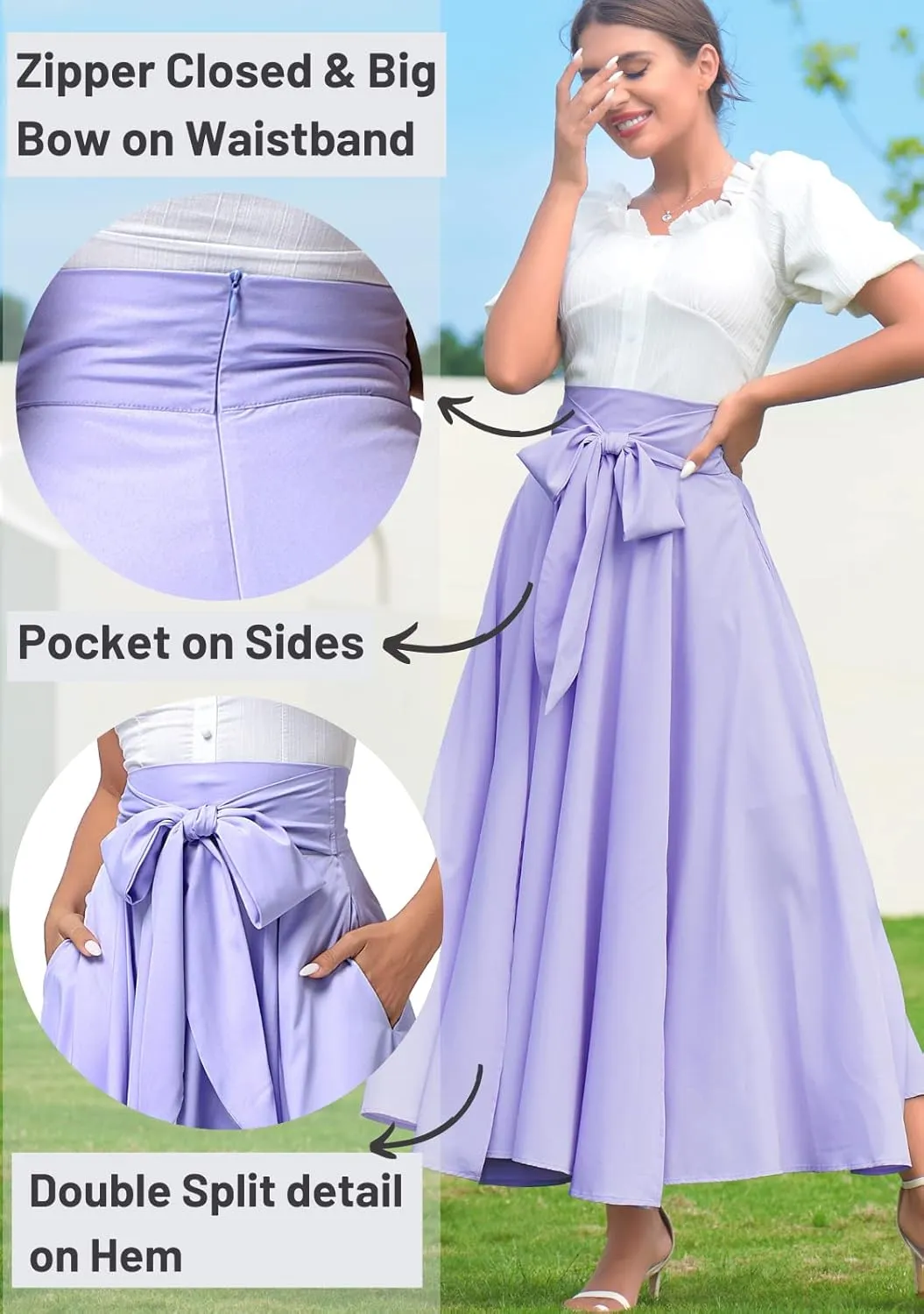 DREFBUFY Women's Maxi Skirt High Waist Elegant Pleated Flowy Slit Skirts with Pockets