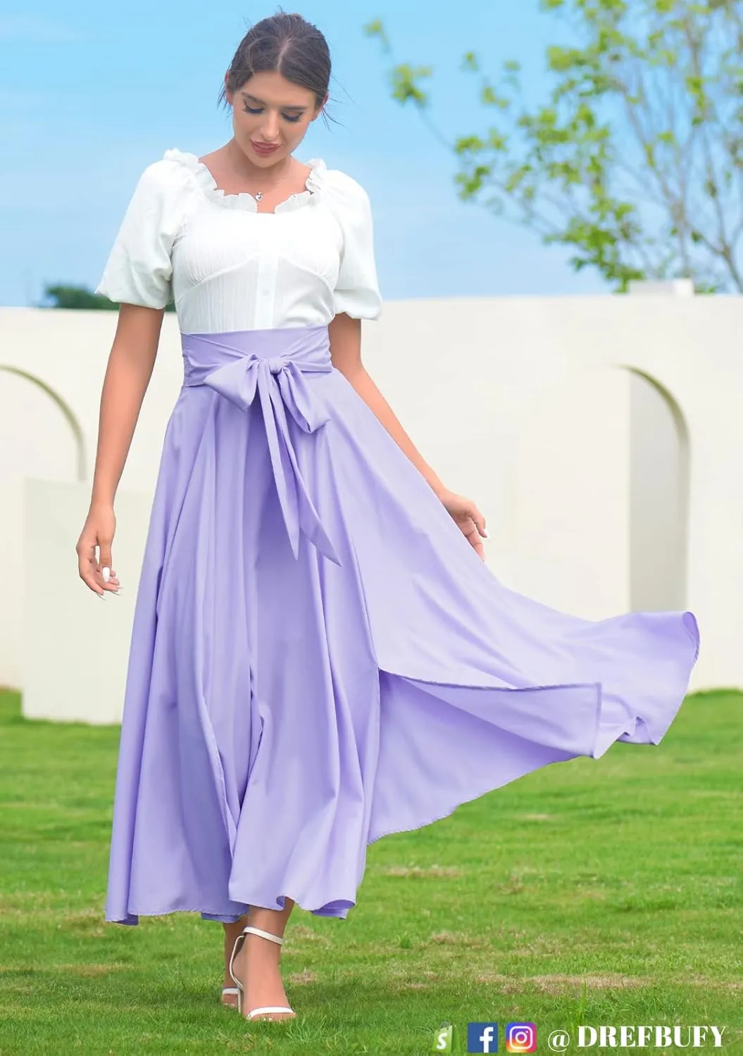 DREFBUFY Women's Maxi Skirt High Waist Elegant Pleated Flowy Slit Skirts with Pockets