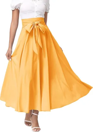DREFBUFY Women's Maxi Skirt High Waist Elegant Pleated Flowy Slit Skirts with Pockets