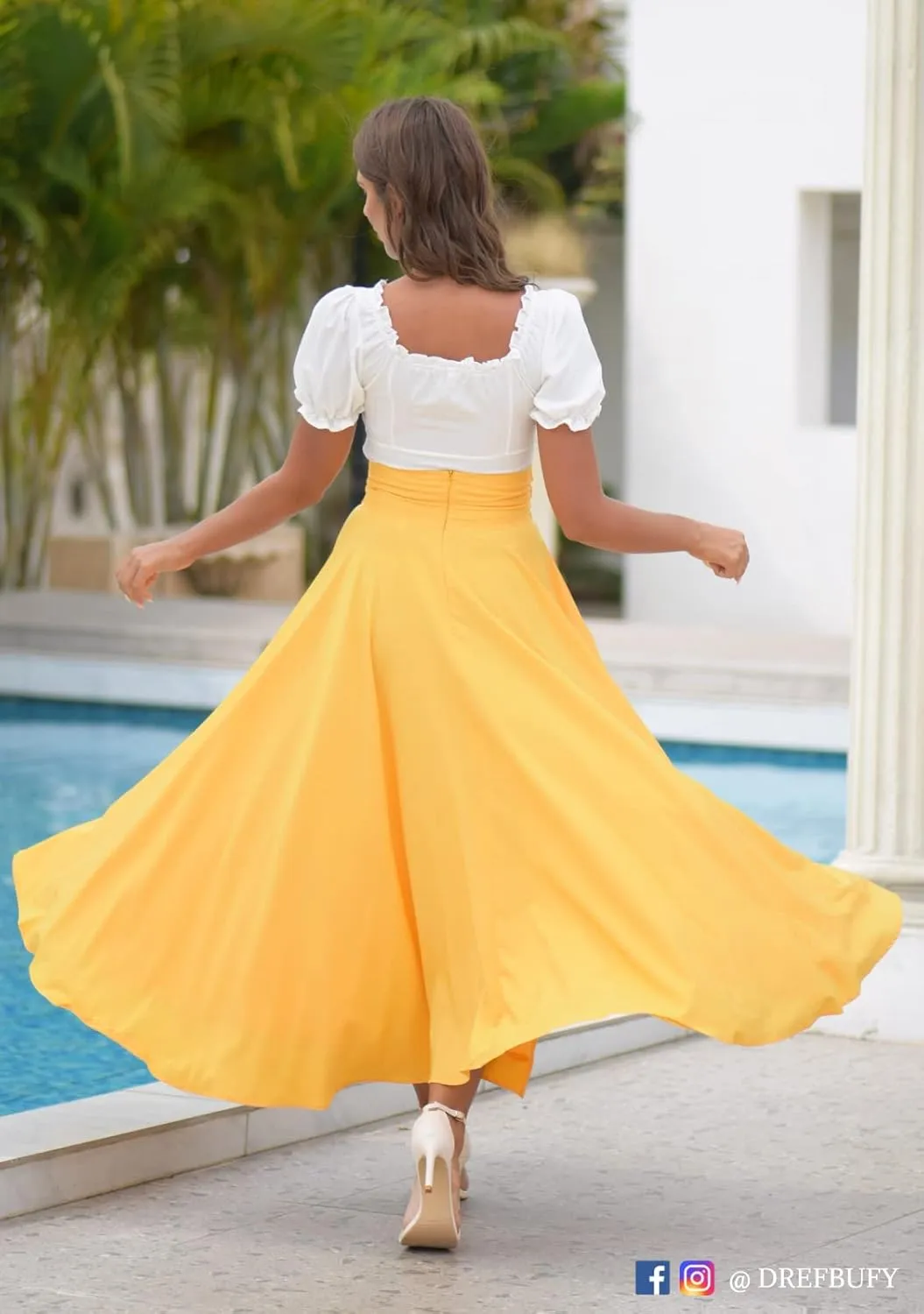 DREFBUFY Women's Maxi Skirt High Waist Elegant Pleated Flowy Slit Skirts with Pockets