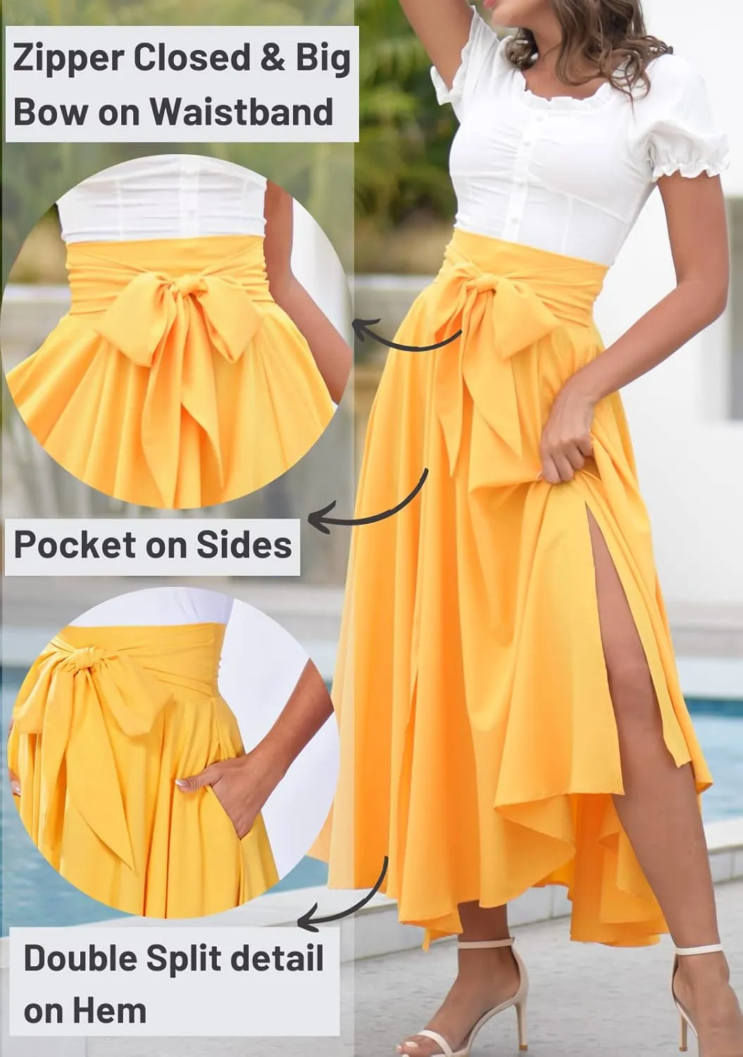 DREFBUFY Women's Maxi Skirt High Waist Elegant Pleated Flowy Slit Skirts with Pockets