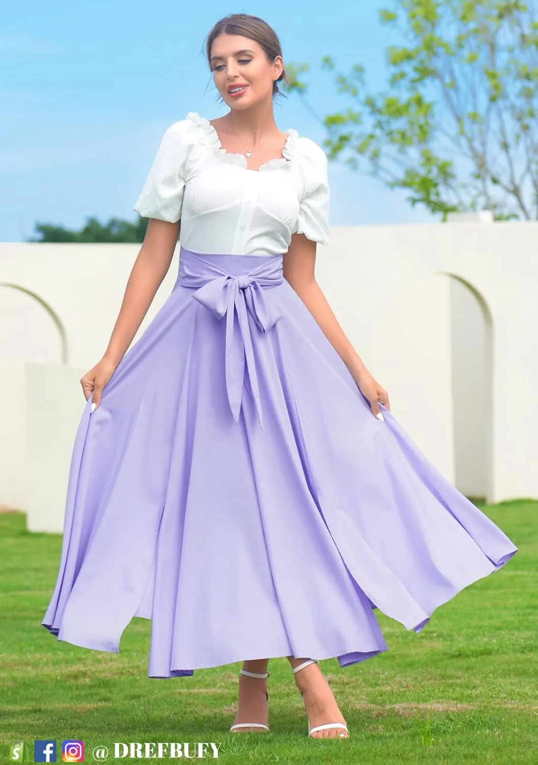 DREFBUFY Women's Maxi Skirt High Waist Elegant Pleated Flowy Slit Skirts with Pockets