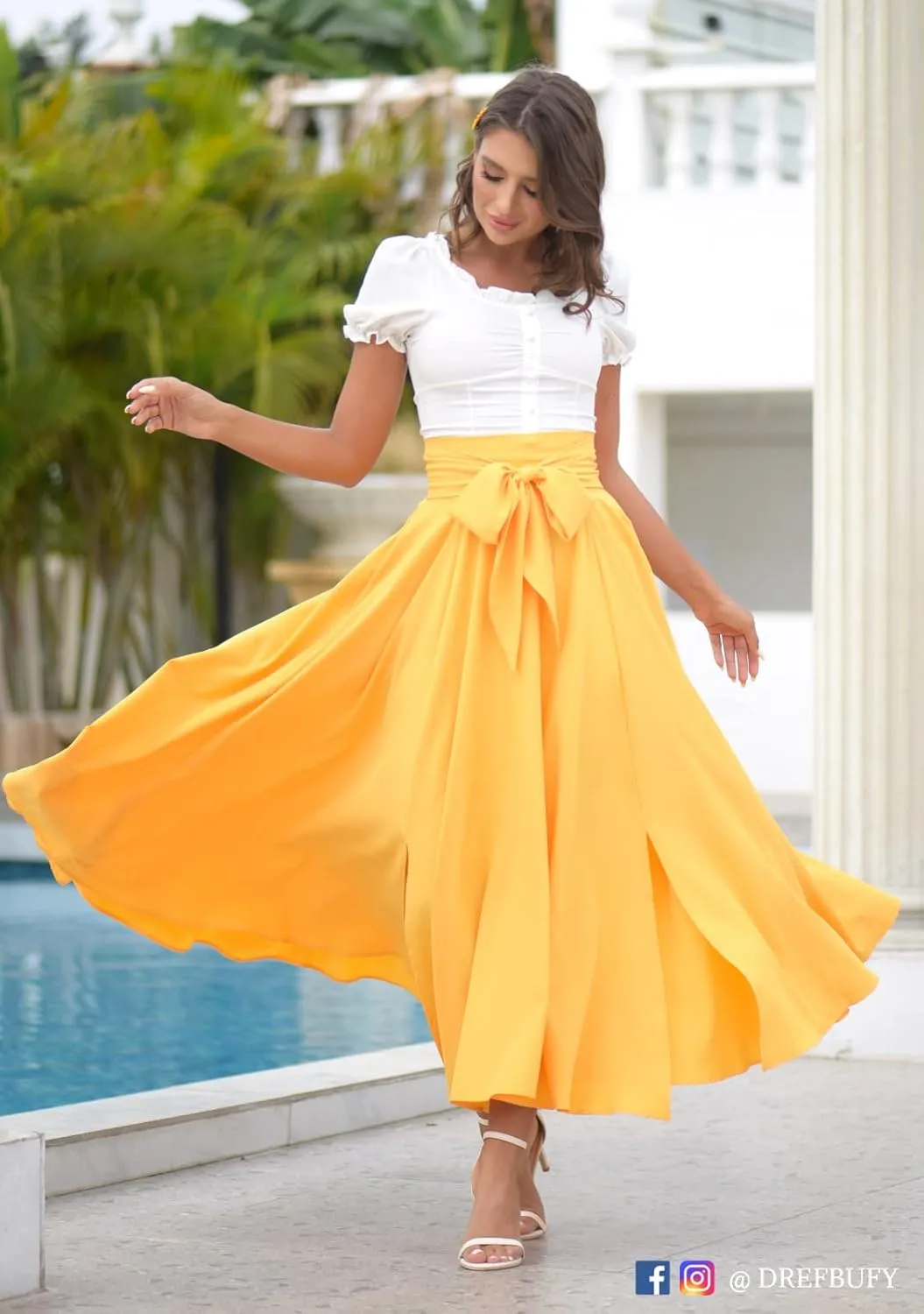 DREFBUFY Women's Maxi Skirt High Waist Elegant Pleated Flowy Slit Skirts with Pockets