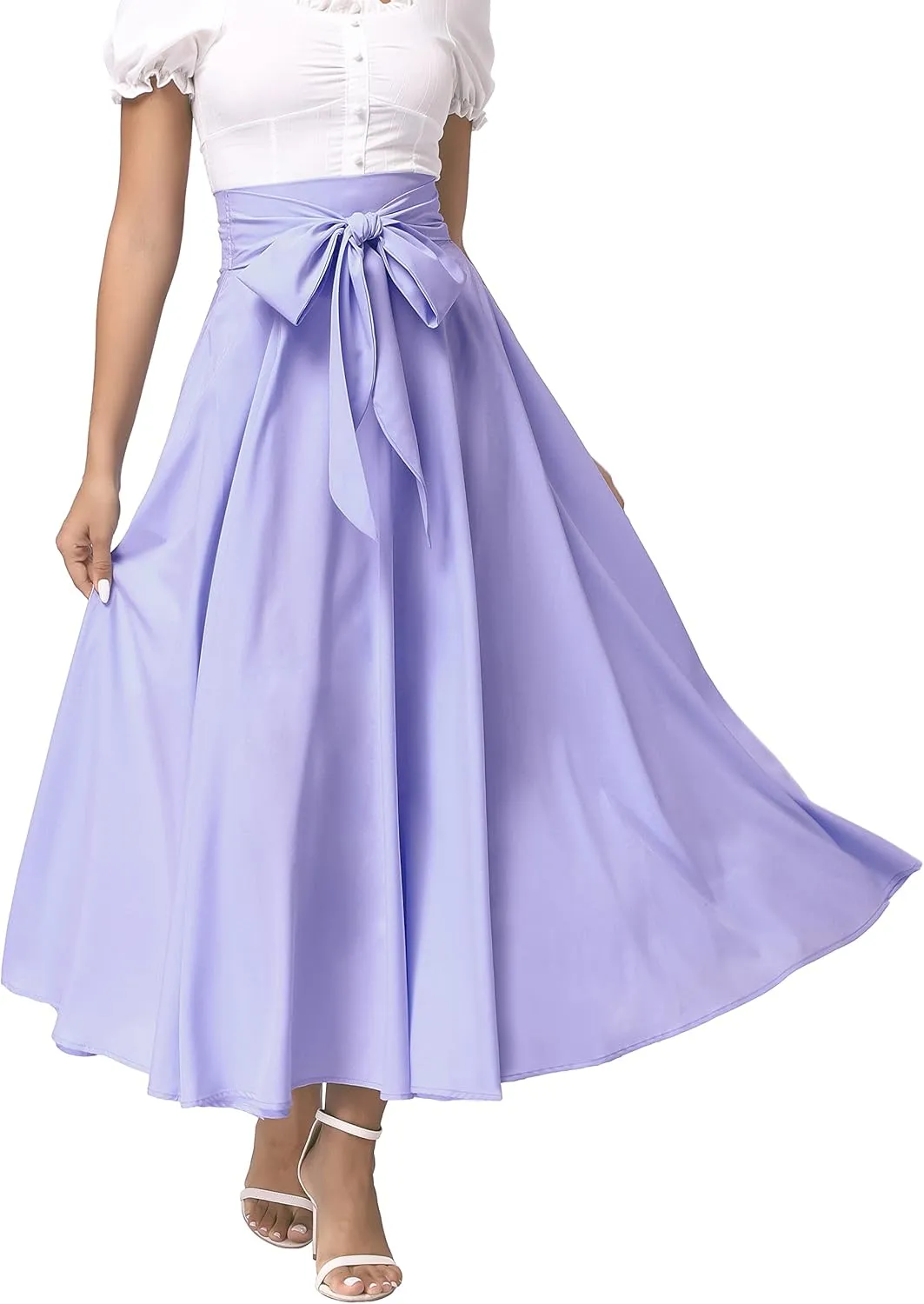 DREFBUFY Women's Maxi Skirt High Waist Elegant Pleated Flowy Slit Skirts with Pockets