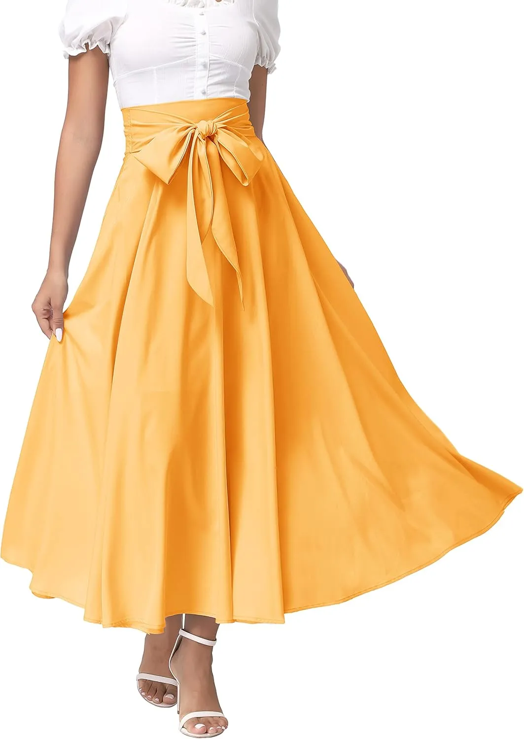 DREFBUFY Women's Maxi Skirt High Waist Elegant Pleated Flowy Slit Skirts with Pockets