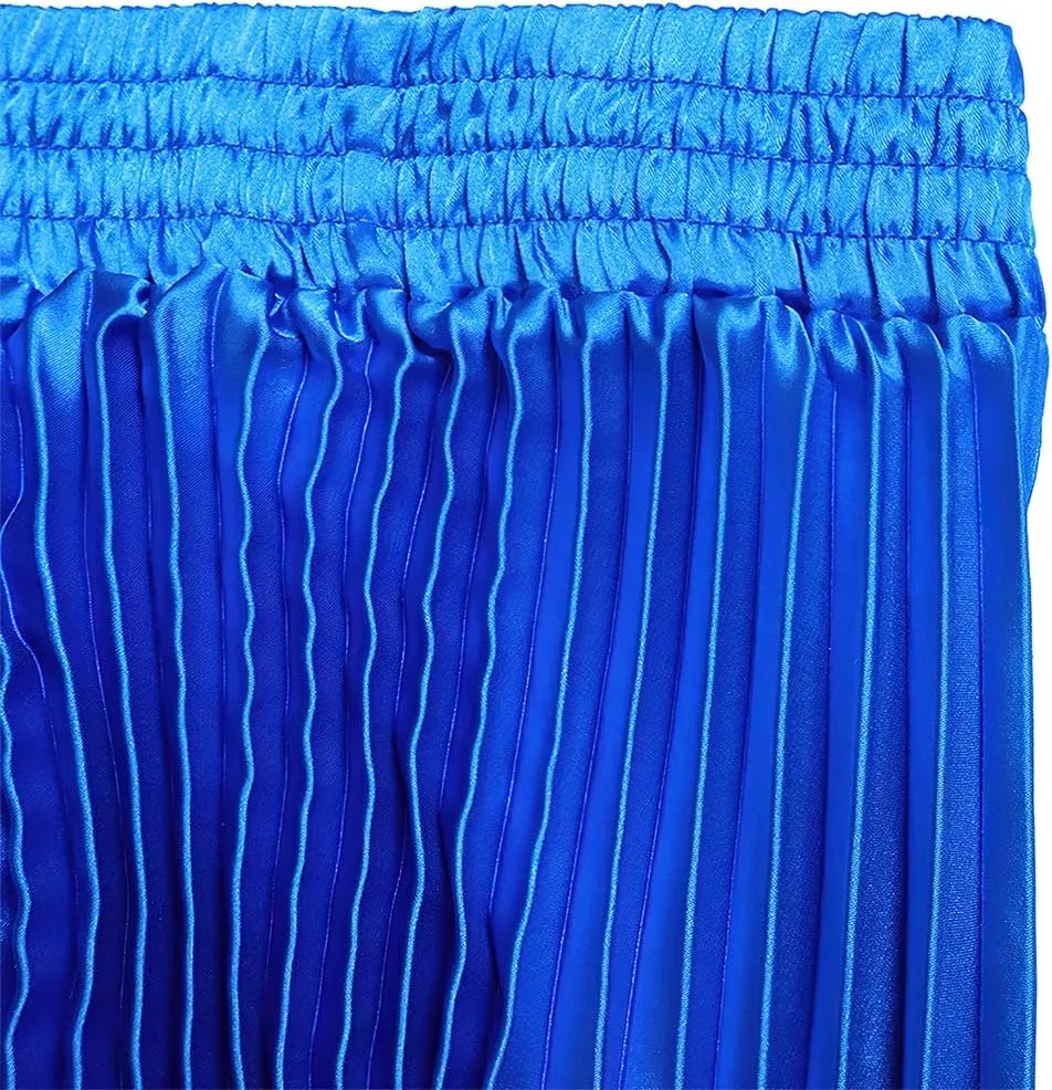 ebossy Women's High Waist Pleated Metallic Shiny Accordion Skirt Elegant A Line Swing Party Maxi Skirts