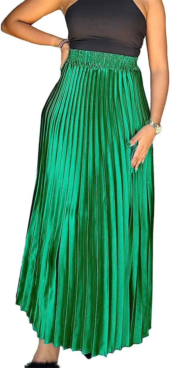 ebossy Women's High Waist Pleated Metallic Shiny Accordion Skirt Elegant A Line Swing Party Maxi Skirts