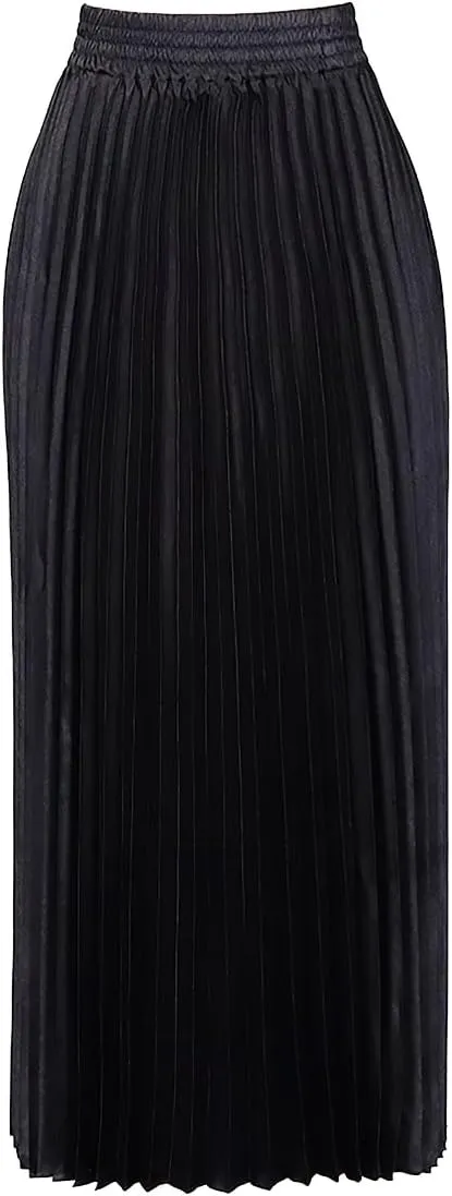ebossy Women's High Waist Pleated Metallic Shiny Accordion Skirt Elegant A Line Swing Party Maxi Skirts