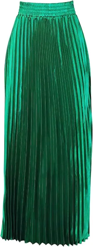 ebossy Women's High Waist Pleated Metallic Shiny Accordion Skirt Elegant A Line Swing Party Maxi Skirts