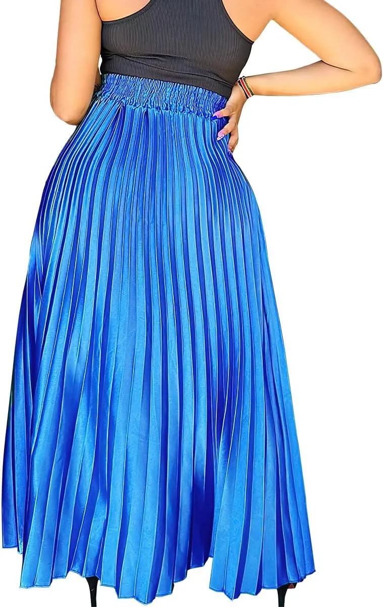 ebossy Women's High Waist Pleated Metallic Shiny Accordion Skirt Elegant A Line Swing Party Maxi Skirts