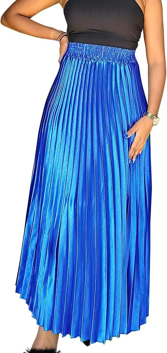 ebossy Women's High Waist Pleated Metallic Shiny Accordion Skirt Elegant A Line Swing Party Maxi Skirts
