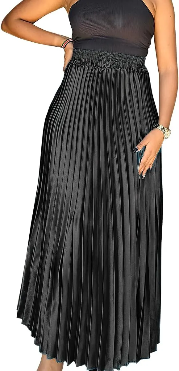 ebossy Women's High Waist Pleated Metallic Shiny Accordion Skirt Elegant A Line Swing Party Maxi Skirts