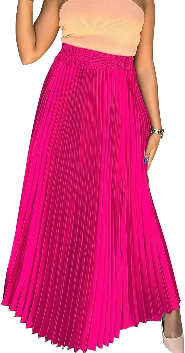 ebossy Women's High Waist Pleated Metallic Shiny Accordion Skirt Elegant A Line Swing Party Maxi Skirts