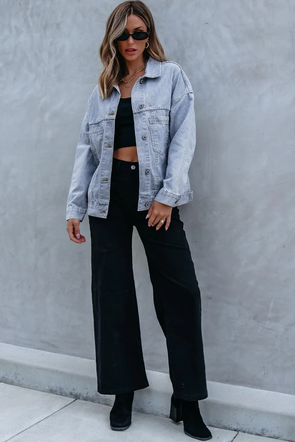 Ecosunny Womens Casual Long Sleeve Button Down Shirt Jacket Stripe Washed Oversize Pocketed Denim Lightweight Coat Tops