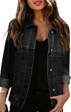 Ecosunny Womens Casual Long Sleeve Button Down Shirt Jacket Stripe Washed Oversize Pocketed Denim Lightweight Coat Tops
