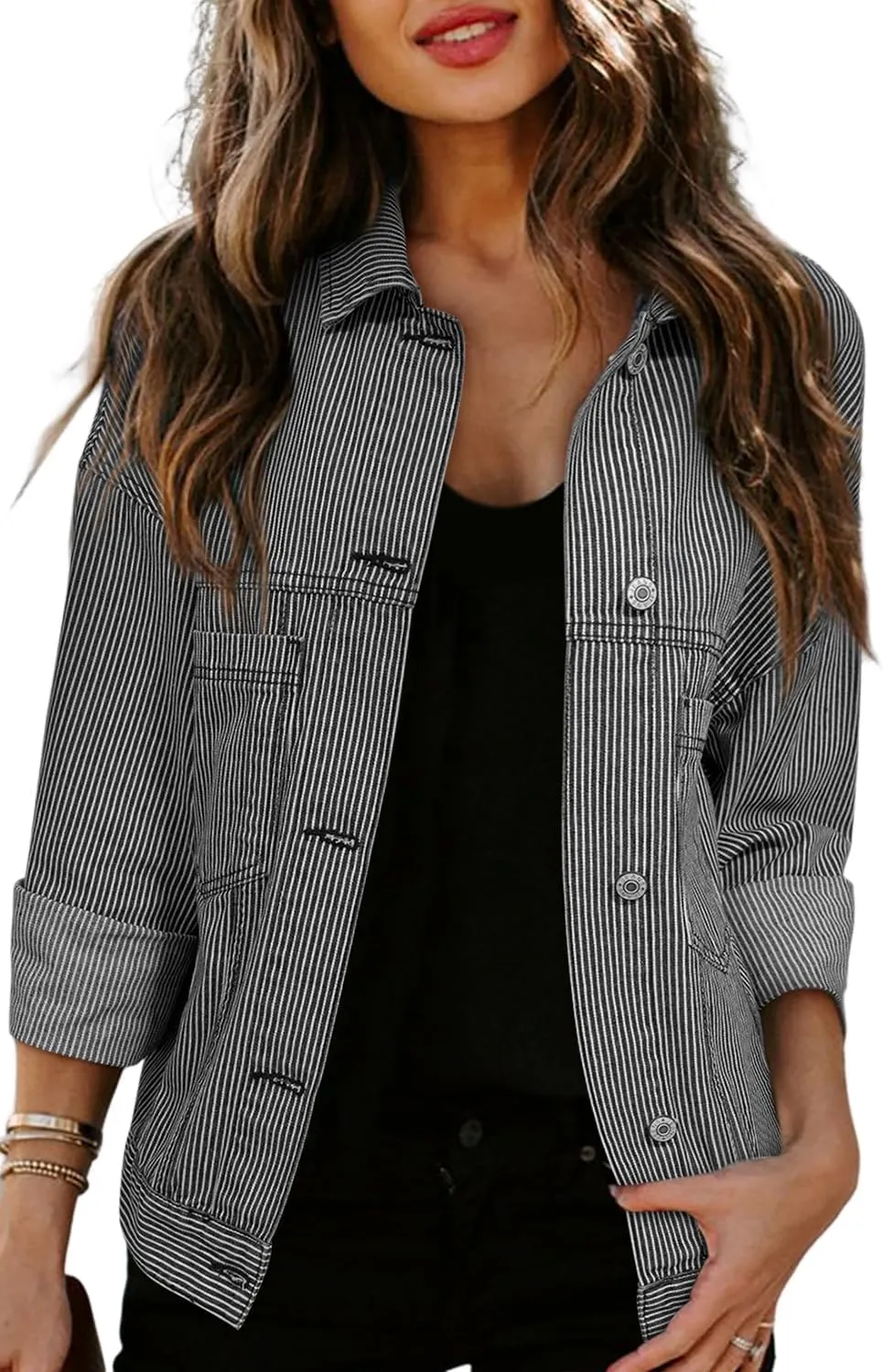 Ecosunny Womens Casual Long Sleeve Button Down Shirt Jacket Stripe Washed Oversize Pocketed Denim Lightweight Coat Tops