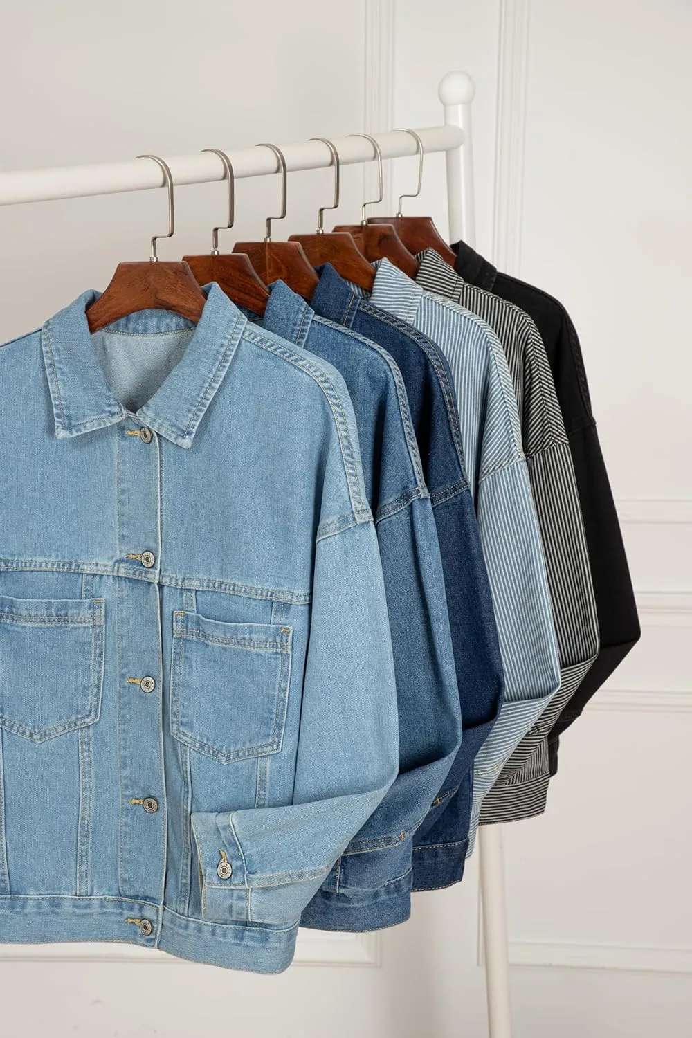 Ecosunny Womens Casual Long Sleeve Button Down Shirt Jacket Stripe Washed Oversize Pocketed Denim Lightweight Coat Tops