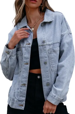 Ecosunny Womens Casual Long Sleeve Button Down Shirt Jacket Stripe Washed Oversize Pocketed Denim Lightweight Coat Tops