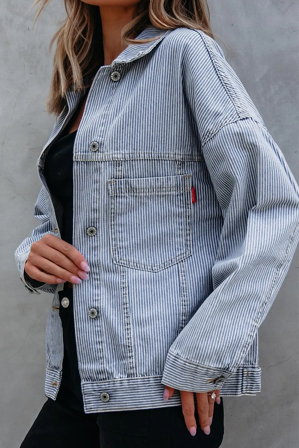 Ecosunny Womens Casual Long Sleeve Button Down Shirt Jacket Stripe Washed Oversize Pocketed Denim Lightweight Coat Tops