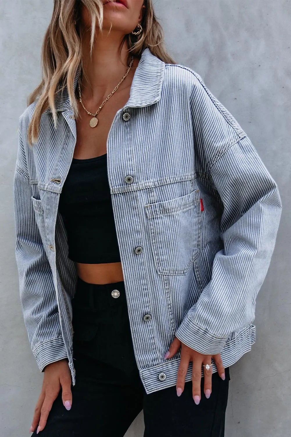 Ecosunny Womens Casual Long Sleeve Button Down Shirt Jacket Stripe Washed Oversize Pocketed Denim Lightweight Coat Tops