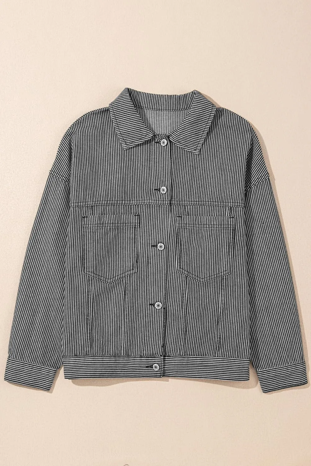 Ecosunny Womens Casual Long Sleeve Button Down Shirt Jacket Stripe Washed Oversize Pocketed Denim Lightweight Coat Tops