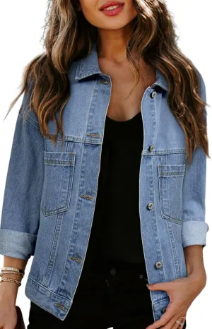 Ecosunny Womens Casual Long Sleeve Button Down Shirt Jacket Stripe Washed Oversize Pocketed Denim Lightweight Coat Tops