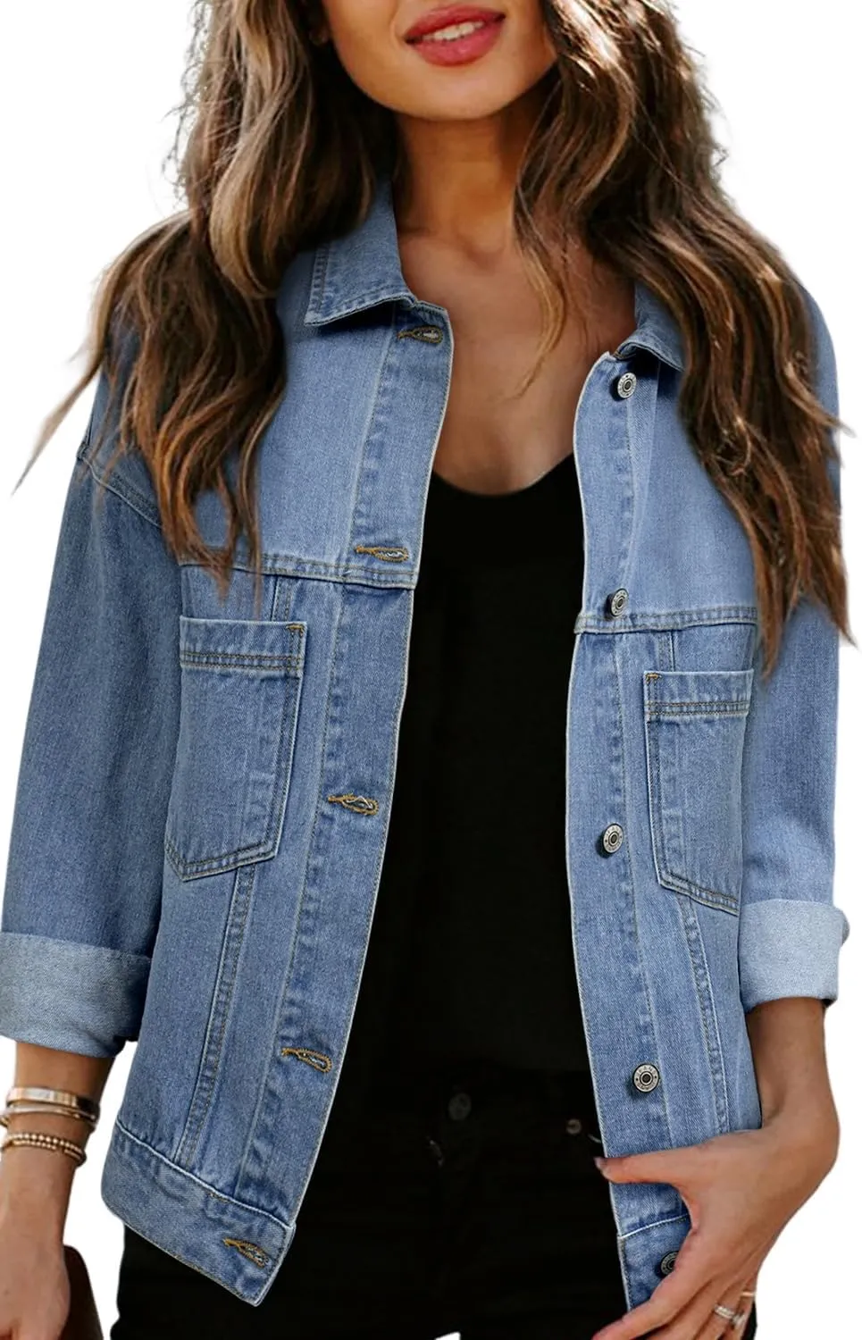 Ecosunny Womens Casual Long Sleeve Button Down Shirt Jacket Stripe Washed Oversize Pocketed Denim Lightweight Coat Tops