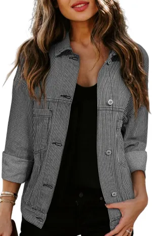 Ecosunny Womens Casual Long Sleeve Button Down Shirt Jacket Stripe Washed Oversize Pocketed Denim Lightweight Coat Tops