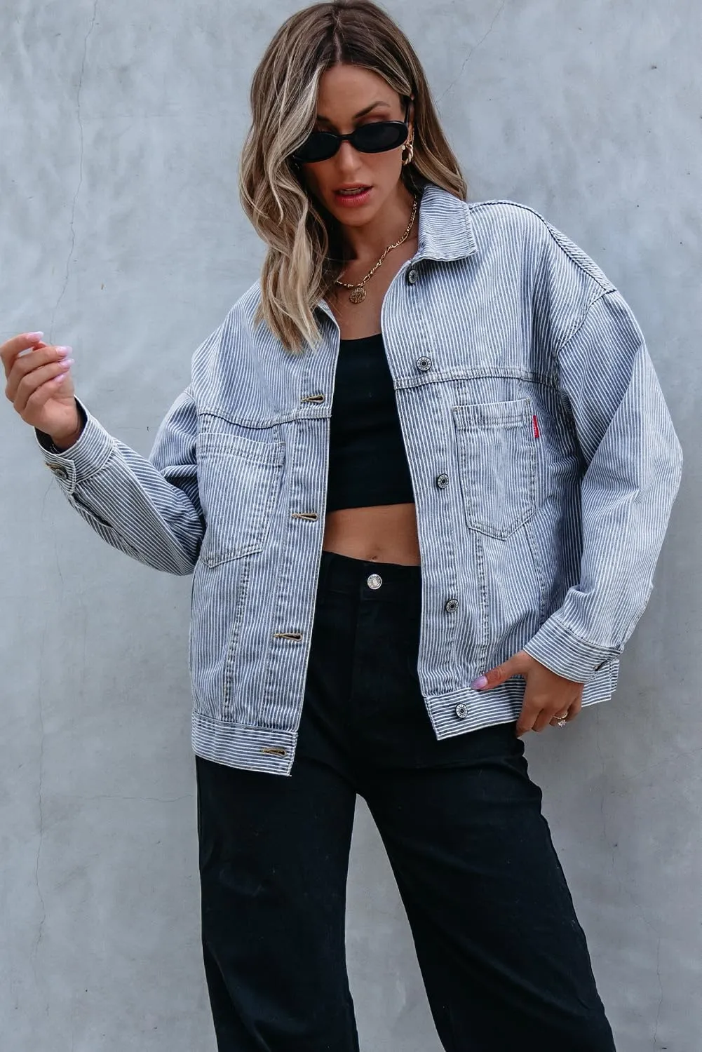 Ecosunny Womens Casual Long Sleeve Button Down Shirt Jacket Stripe Washed Oversize Pocketed Denim Lightweight Coat Tops