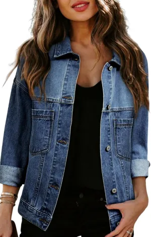 Ecosunny Womens Casual Long Sleeve Button Down Shirt Jacket Stripe Washed Oversize Pocketed Denim Lightweight Coat Tops
