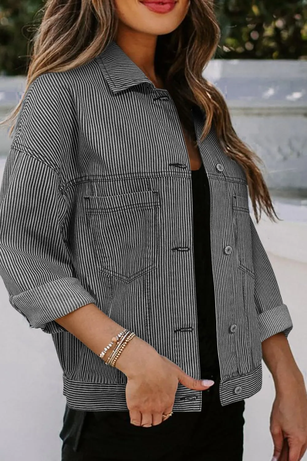 Ecosunny Womens Casual Long Sleeve Button Down Shirt Jacket Stripe Washed Oversize Pocketed Denim Lightweight Coat Tops