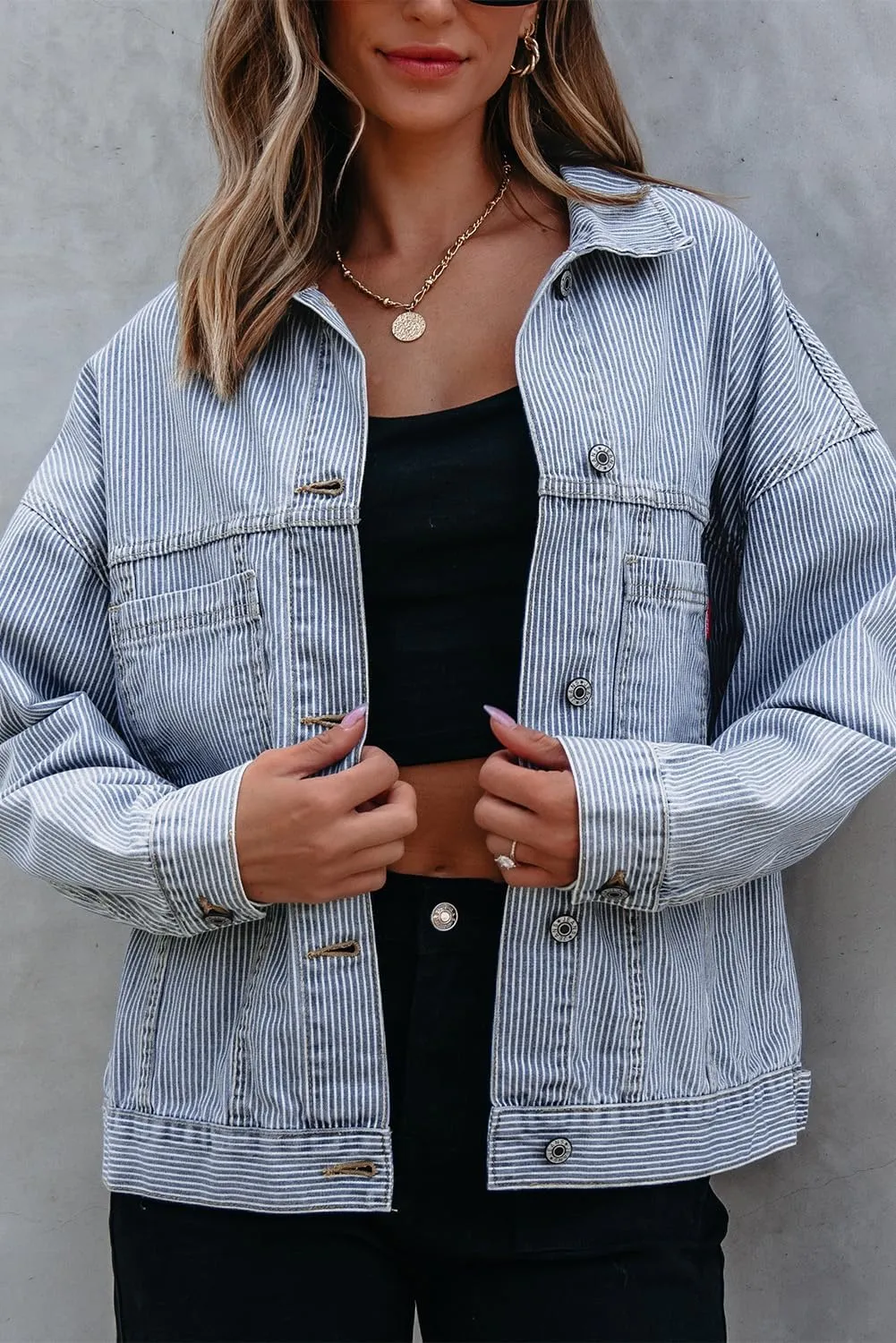 Ecosunny Womens Casual Long Sleeve Button Down Shirt Jacket Stripe Washed Oversize Pocketed Denim Lightweight Coat Tops