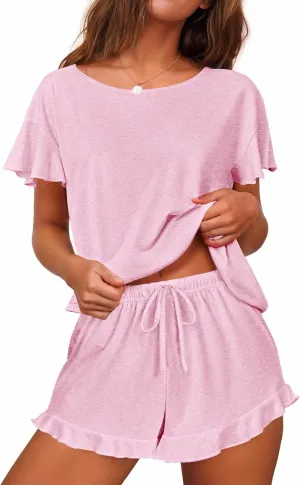 Ekouaer Women's Pajama Set Ruffle Sleeves Top and Short Soft 2 Piece Loungewear Set