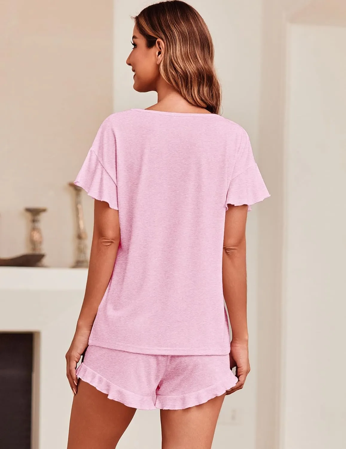 Ekouaer Women's Pajama Set Ruffle Sleeves Top and Short Soft 2 Piece Loungewear Set