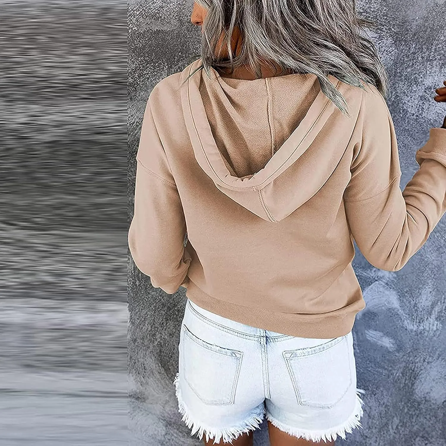 Fall Oversized Women's Sweatshirts Lightweight Solid Y2k Hoodies Casual Button Long Sleeve Drawstring Pullover Tops