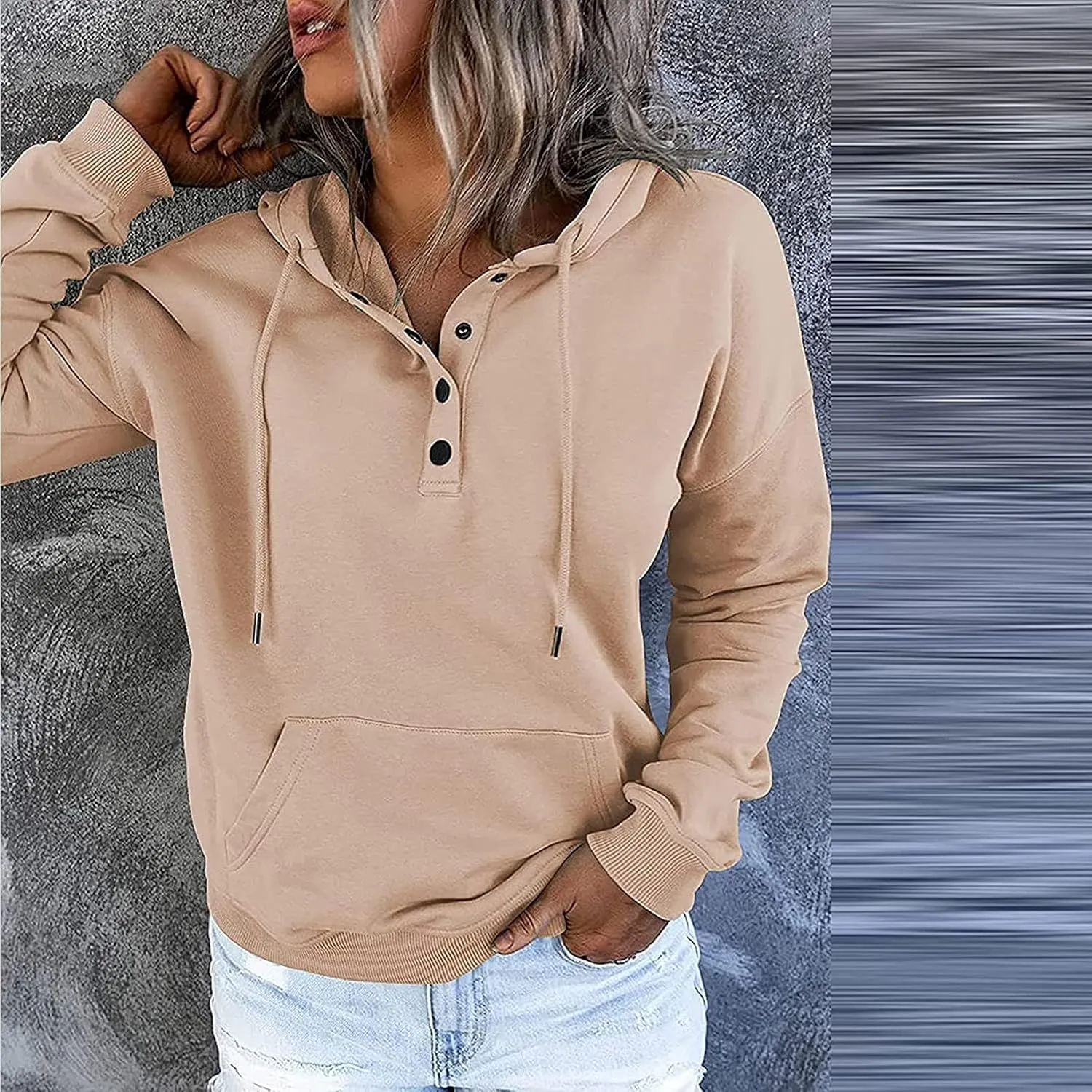 Fall Oversized Women's Sweatshirts Lightweight Solid Y2k Hoodies Casual Button Long Sleeve Drawstring Pullover Tops