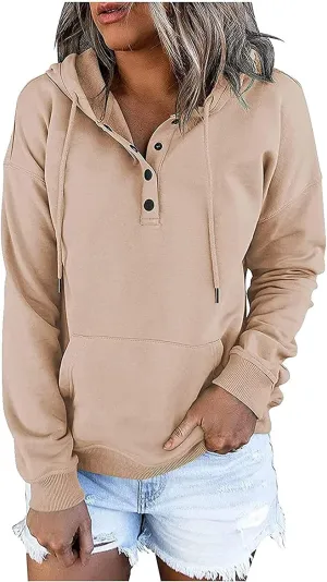 Fall Oversized Women's Sweatshirts Lightweight Solid Y2k Hoodies Casual Button Long Sleeve Drawstring Pullover Tops