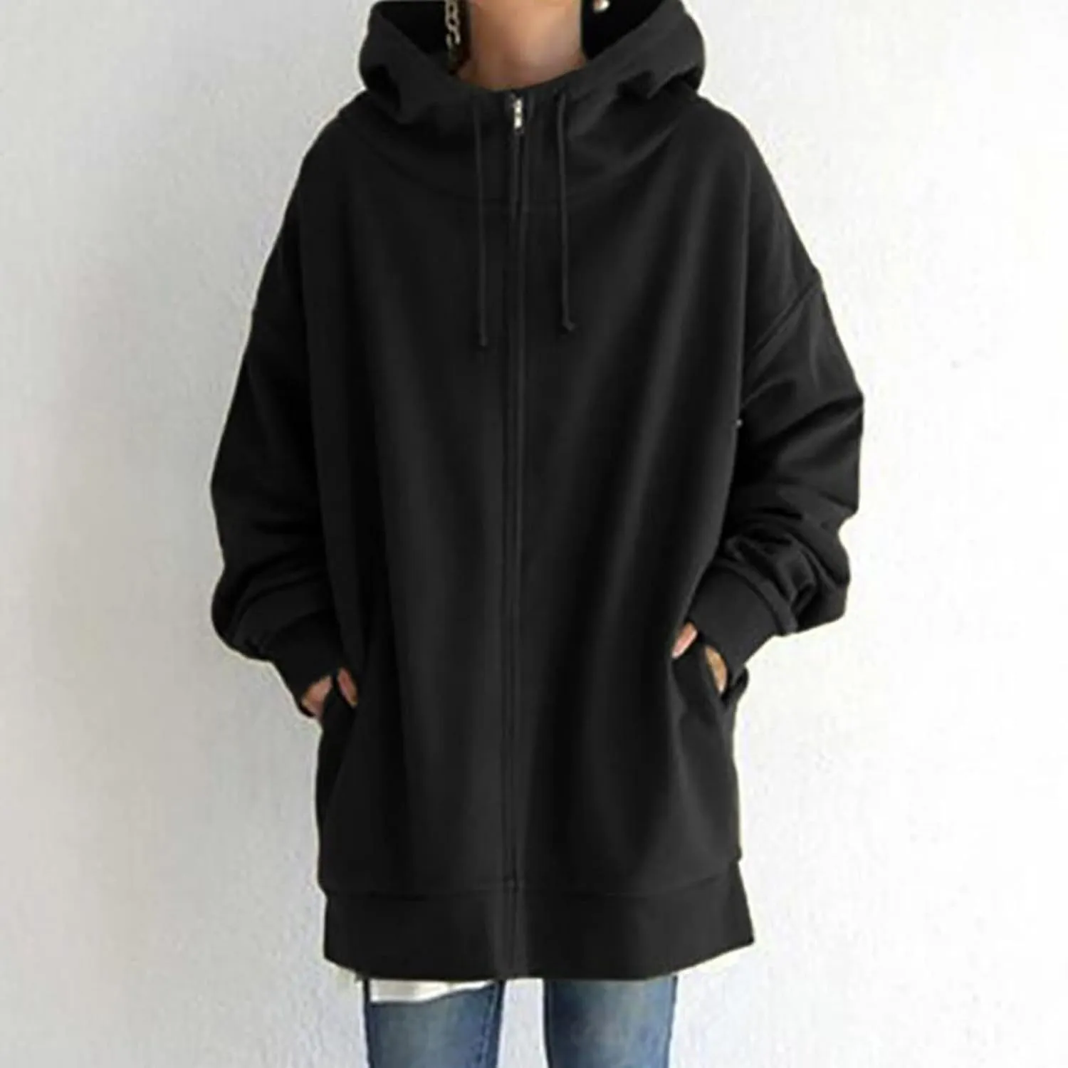 fartey Zip Up Hoodie Women Oversized Loose Baggy Long Sweatshirts Casual Drawstring Long Sleeve Y2K Jackets With Pockets