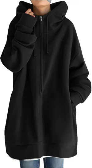 fartey Zip Up Hoodie Women Oversized Loose Baggy Long Sweatshirts Casual Drawstring Long Sleeve Y2K Jackets With Pockets