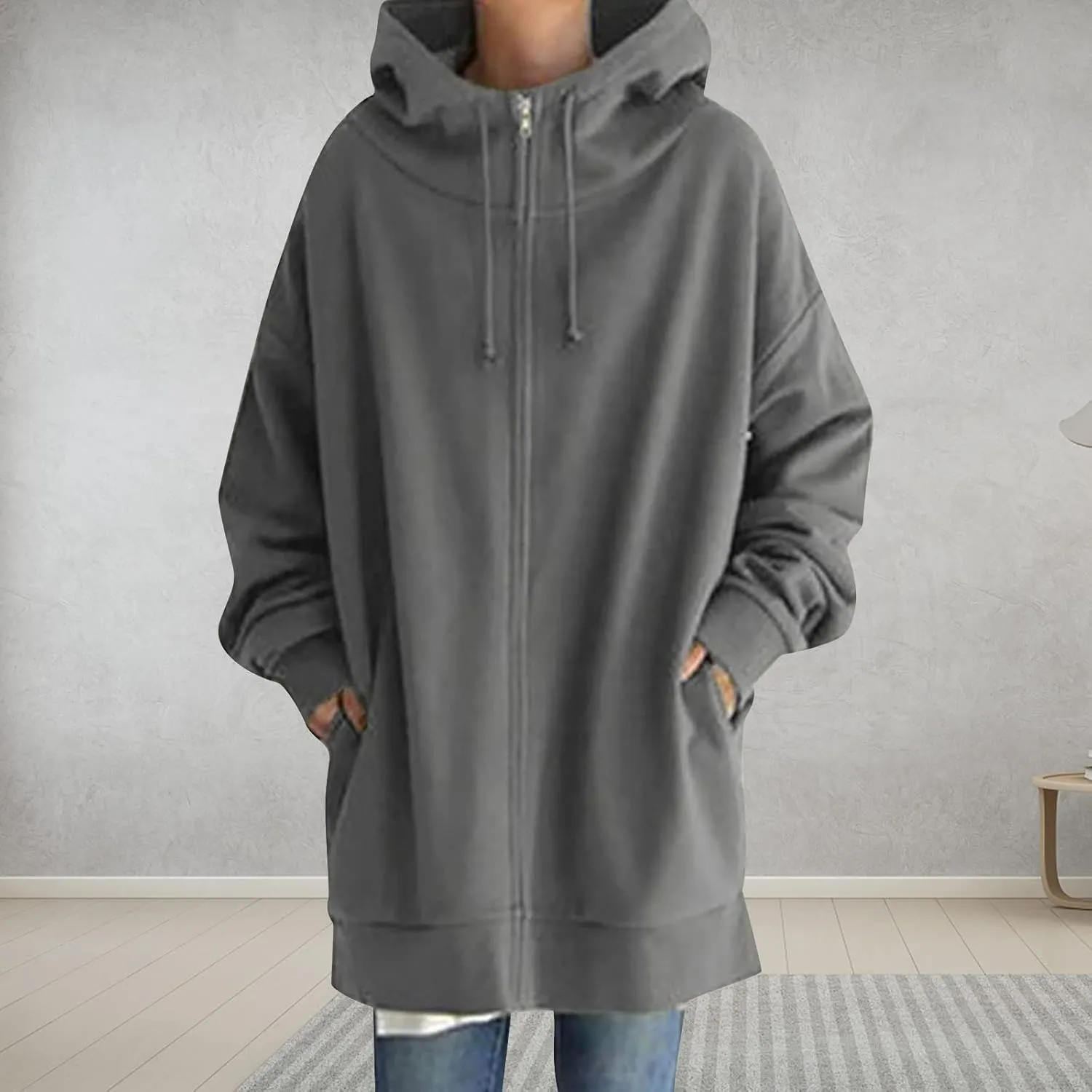 fartey Zip Up Hoodie Women Oversized Loose Baggy Long Sweatshirts Casual Drawstring Long Sleeve Y2K Jackets With Pockets