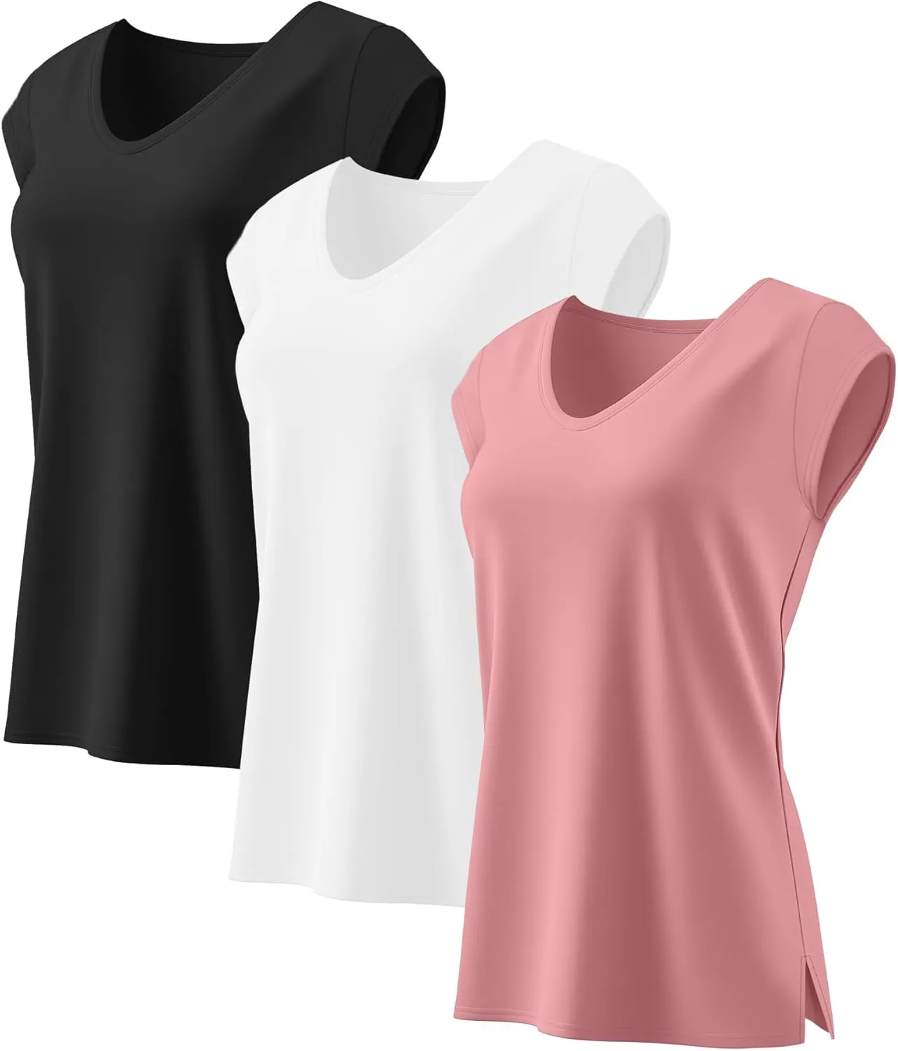 Ficerd 3 Pack Women's Cap Sleeve Tank Tops V Neck Loose Fit Cotton Summer Casual T Shirts Basic Tee Beach Vacation Clothes