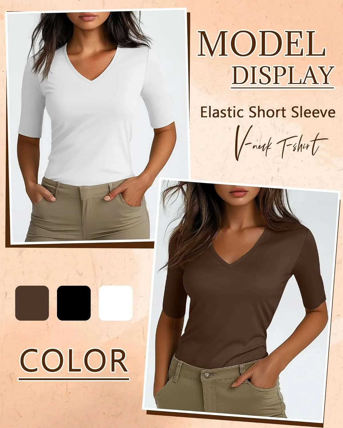 Ficerd 3 Pack Women's Half Sleeve V Neck T Shirts, Cotton Elbow Length Sleeve Shirt Slim Fit Tunic Top Casual Summer Tee