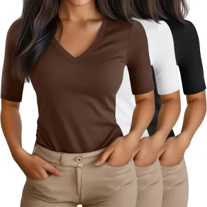 Ficerd 3 Pack Women's Half Sleeve V Neck T Shirts, Cotton Elbow Length Sleeve Shirt Slim Fit Tunic Top Casual Summer Tee