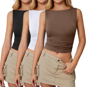 Ficerd Women 3 Piece Boat Neck Tank Tops Sleeveless Crop Shirts Summer Casual Slim Fit Going Out Basic Y2K Fashion Tee