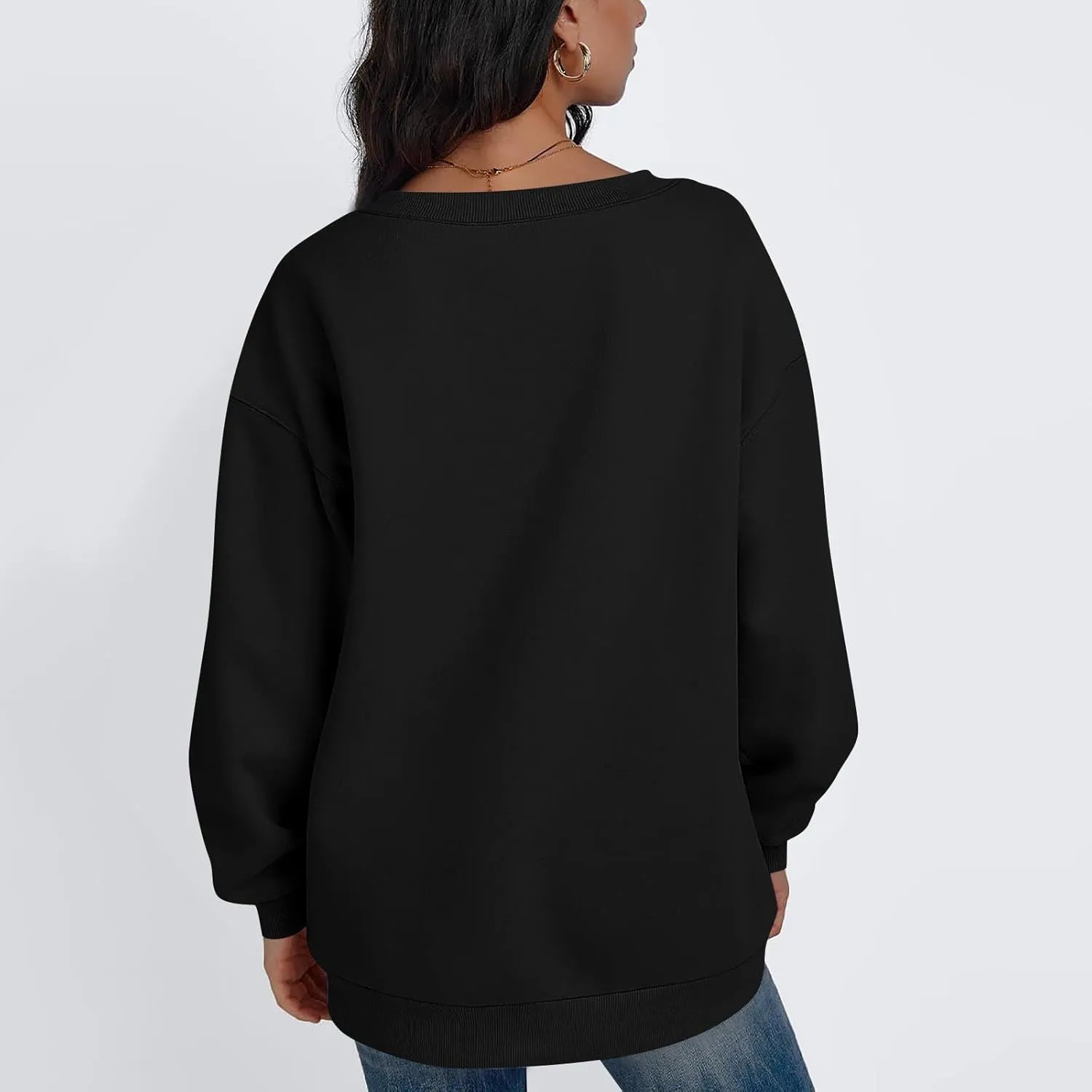 Fleece V Neck Sweatshirt Women Plain Drop Shoulder Oversized Sweatshirts Casual Baggy Comfy Soft Cotton Pullover Tops