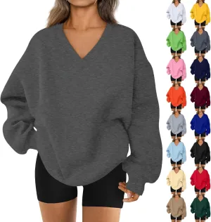 Fleece V Neck Sweatshirt Women Plain Drop Shoulder Oversized Sweatshirts Casual Baggy Comfy Soft Cotton Pullover Tops