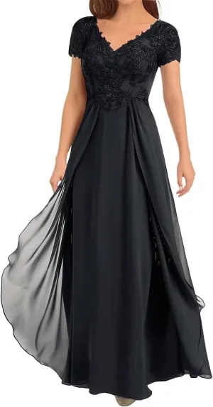 Floral Mother of The Bride Dresses for Wedding Short Sleeves Lace Chiffon Long Formal Dress for Women 2024
